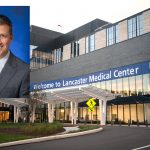 A headshot photograph of Dr. Joseph MacDonald wearing a suit and tie is superimposed over an image of Penn State Health Lancaster Medical Center.